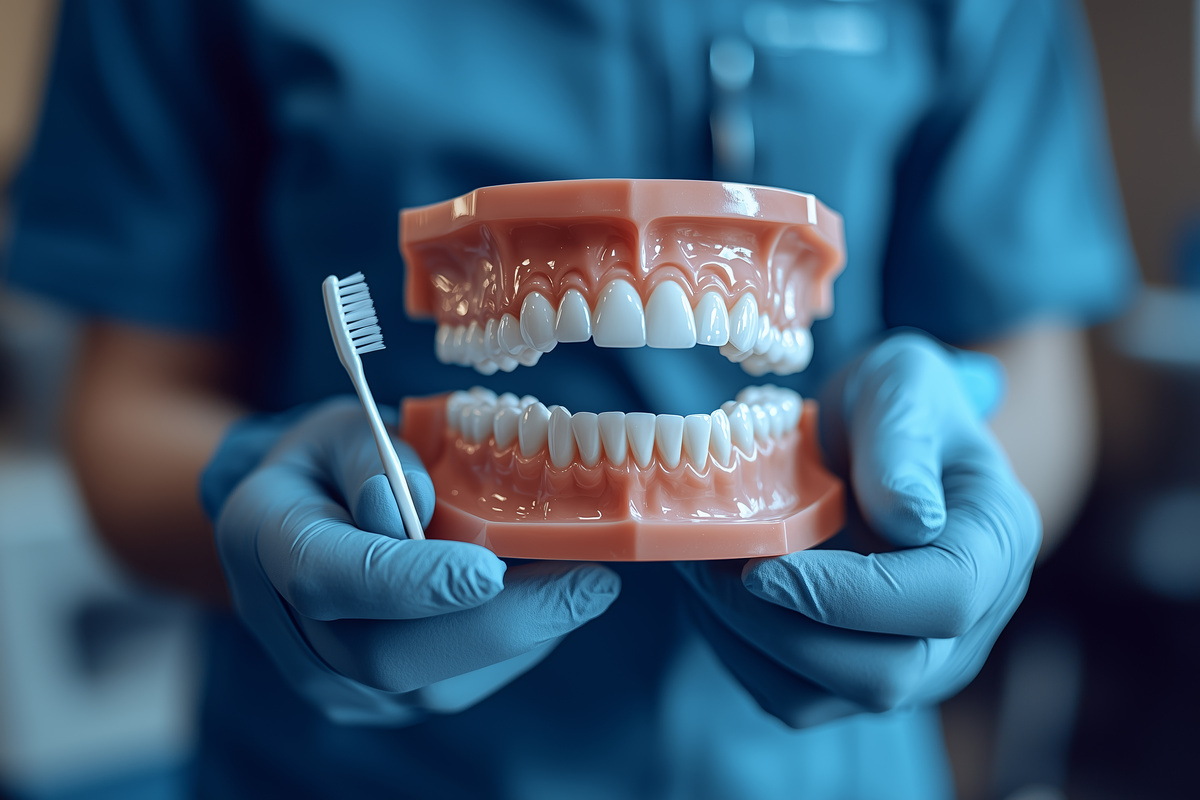 dentist in gloves holds model of teeth and toothbrush, demonstrating dental care. scene emphasizes oral hygiene and professional dental practices